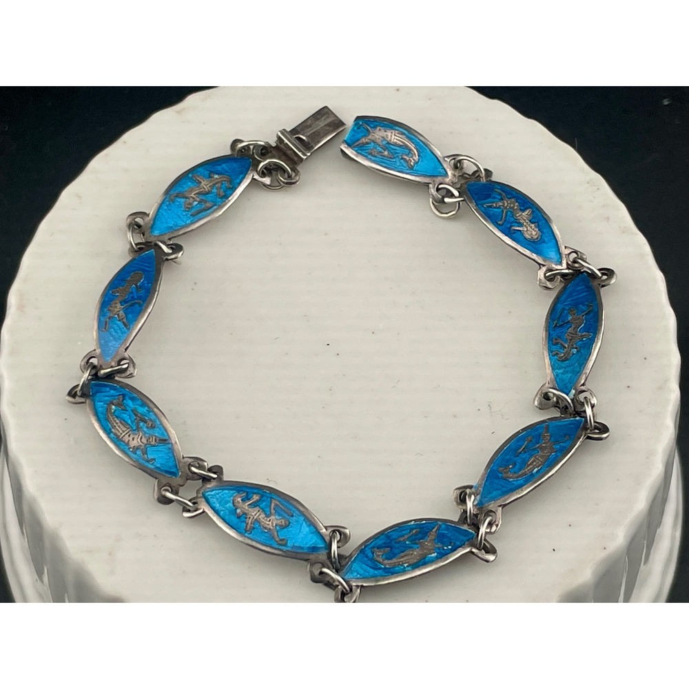 Vintage Siam Sterling Niello Enamel Bracelet Blue Panel Link Thailand teal